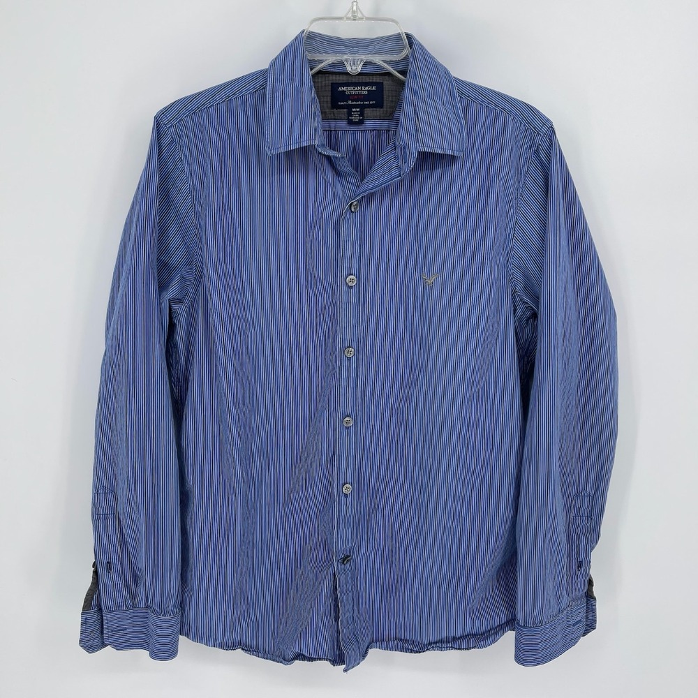 American Eagle Outfitters Men's Blue Striped Button Up Slim Fit Shirt Size M